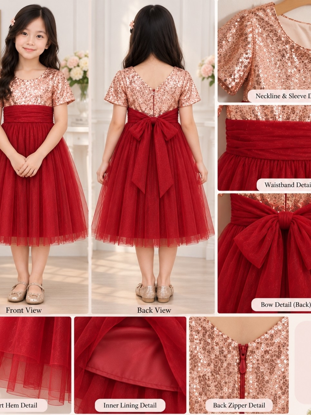 Girls Red Sequin Bodice Tulle Party Dress with Bow